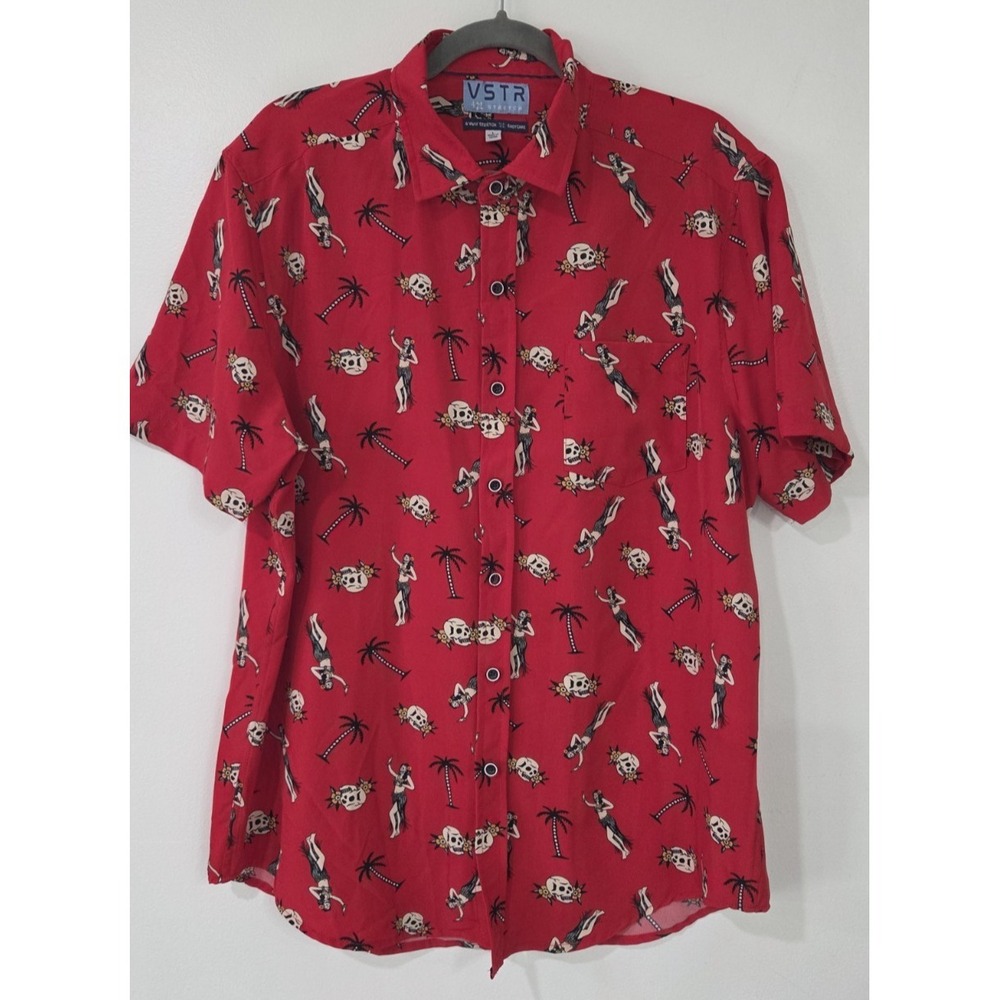 VSTR 4 Way Stretch Shirt Mens M Red Goth Aloha Button Up Poly Spandex Large Flaw